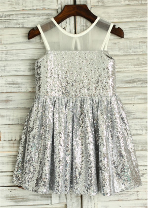 Sheer Neck Silver Sequin Knee Length Flower Girl Dress